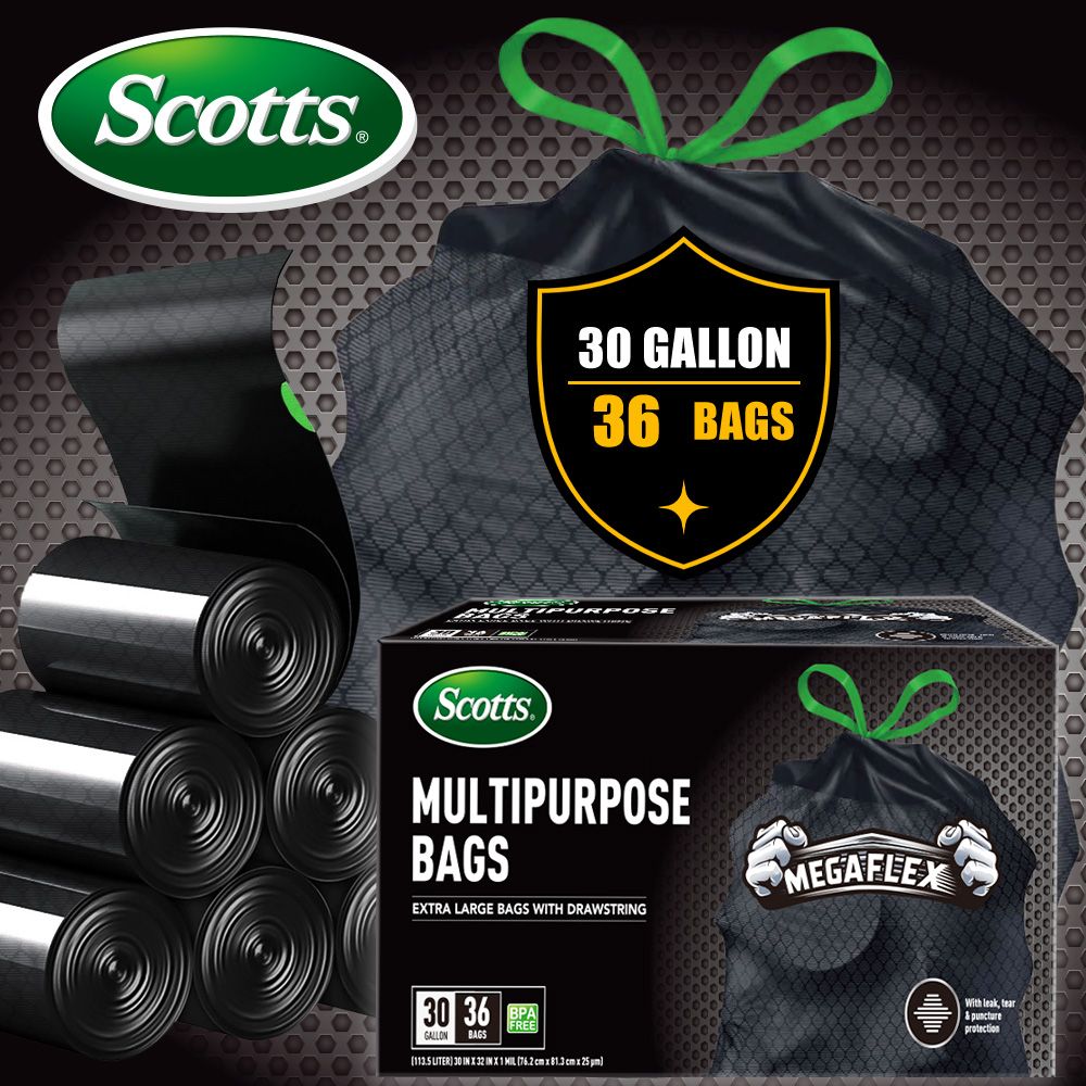Scotts 36 Bags 30 Gallon Box Disposable Non-Rip Black Large Drawstring Garbage Bags, Suitable for Large Kitchen Garbage Cans, Super Strong 113.5L, Home, Commercial Multi-purpose Trash Bag - Durable,