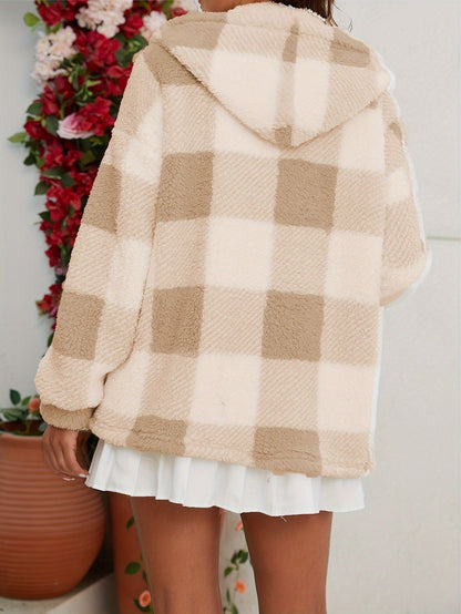 Plaid Print Teddy Hooded Coat, Casual Zip Up Long Sleeve Warm Outerwear, Women's Clothing