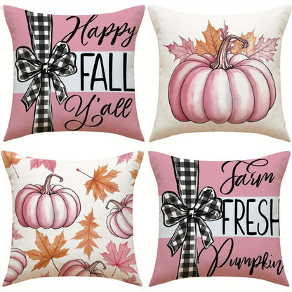 4 Pack Fall Pillow Covers Pink 18x18in Farmhouse Pumpkin Maple Leaf Cushion Case Autumn Sofa Couch Decor for Autumn Thanksgiving Harvest Decorations