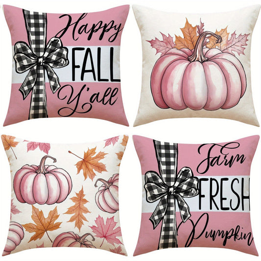 4 Pack Fall Pillow Covers Pink 18x18in Farmhouse Pumpkin Maple Leaf Cushion Case Autumn Sofa Couch Decor for Autumn Thanksgiving Harvest Decorations