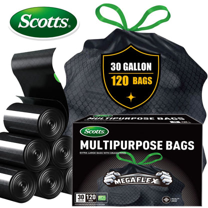 Scotts 120 Bags 30 Gallon Box Disposable Non-Rip Black Large Drawstring Garbage Bags, Suitable for Large Kitchen Garbage Cans, Super Strong 113.5L , Garden, Home, Commercial Multi-purpose Trash Bag