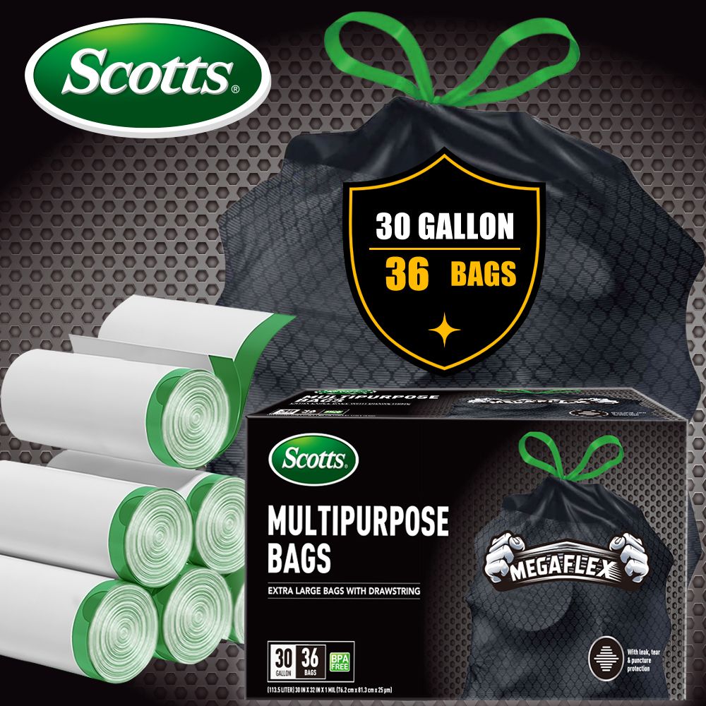 Scotts 36 Bags 30 Gallon Box Disposable Non-Rip Black Large Drawstring Garbage Bags, Suitable for Large Kitchen Garbage Cans, Super Strong 113.5L, Home, Commercial Multi-purpose Trash Bag - Durable,