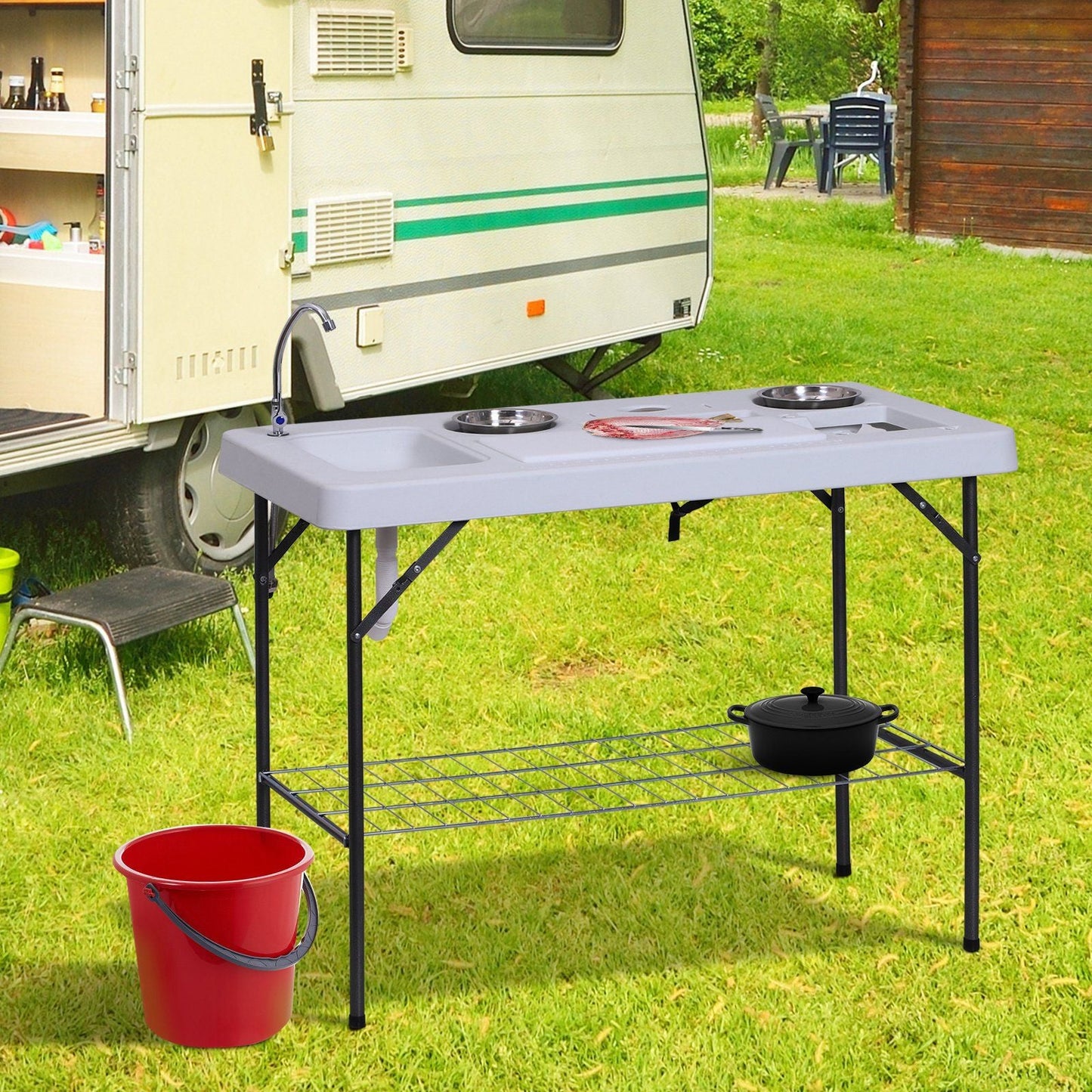 Outsunny Camping Table 50 with Sink Faucet Stainless Steel Basins Fish Cleaning