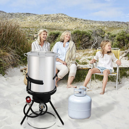 30QT Propane Turkey Fryer Set Silver Aluminum Pot with Black Round Iron Stand Outdoor Gas Deep Fryer Kit for Frying Turkey Seafood and Boiling Crawfish Backyard Cooking Equipment