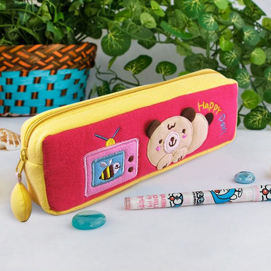 [Happy Day] Embroidered Applique Pencil Pouch Bag / Cosmetic Bag / Carrying Case (7.5*2.5*1.6)