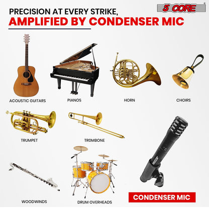 5 CORE Professional Instrument Microphone Pencil Mic Condenser Cardioid Unidirectional Stick Microfono with Windscreen Mic Clip & Case - INSTRU MIC 100 BLK