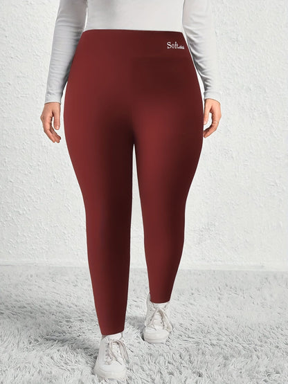 Plus Size Casual Leggings, Women's Plus Letter Print Liner Fleece High Rise Slight Stretch Leggings