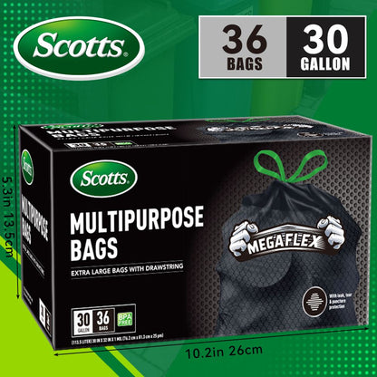 Scotts 36 Bags 30 Gallon Box Disposable Non-Rip Black Large Drawstring Garbage Bags, Suitable for Large Kitchen Garbage Cans, Super Strong 113.5L, Home, Commercial Multi-purpose Trash Bag - Durable,