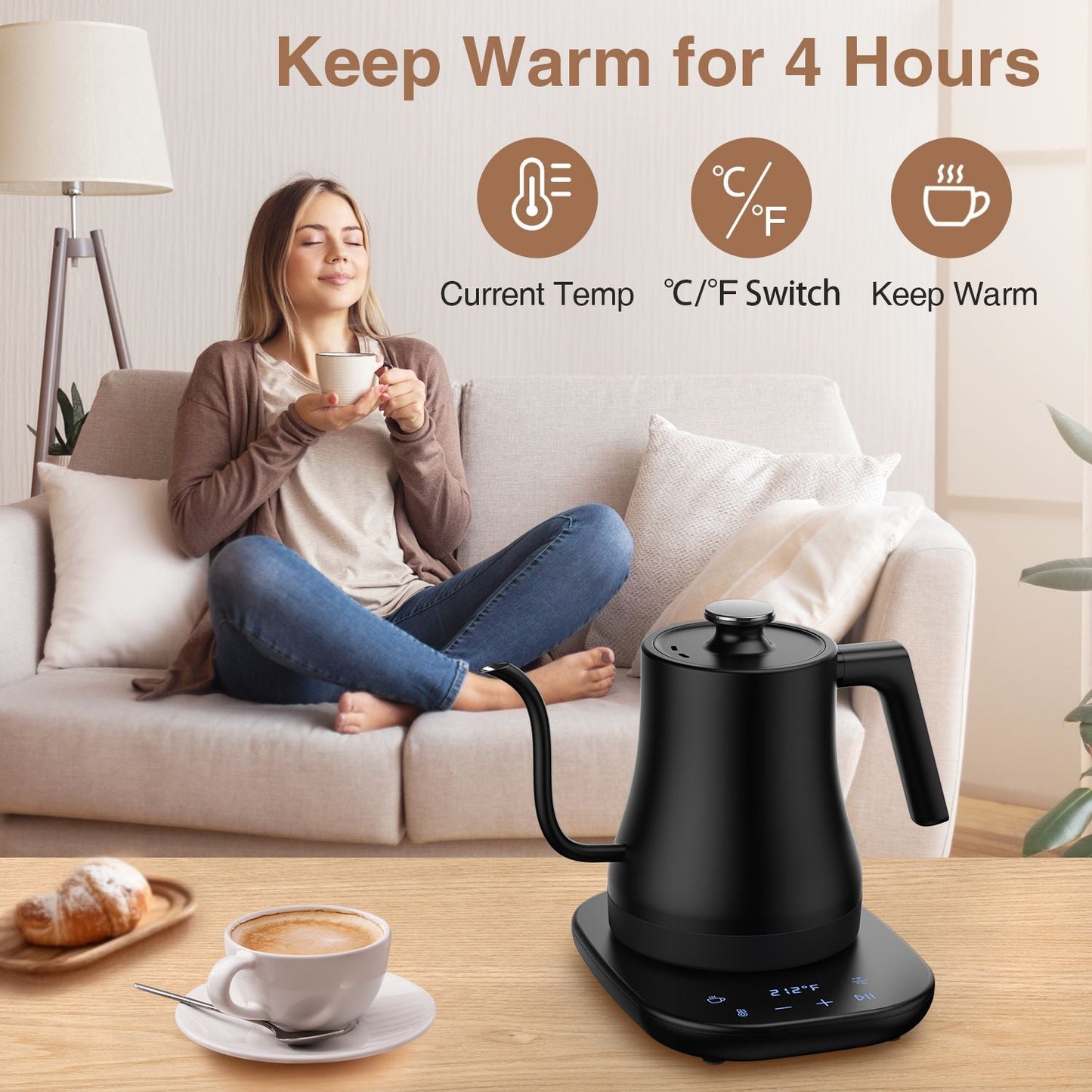 Electric Gooseneck Kettle Temperature Control Pour-Over Tea Kettle for Coffee Brewing;  Stainless Steel Inner;  1300W Rapid Heating;  Temp Holding Matte Black