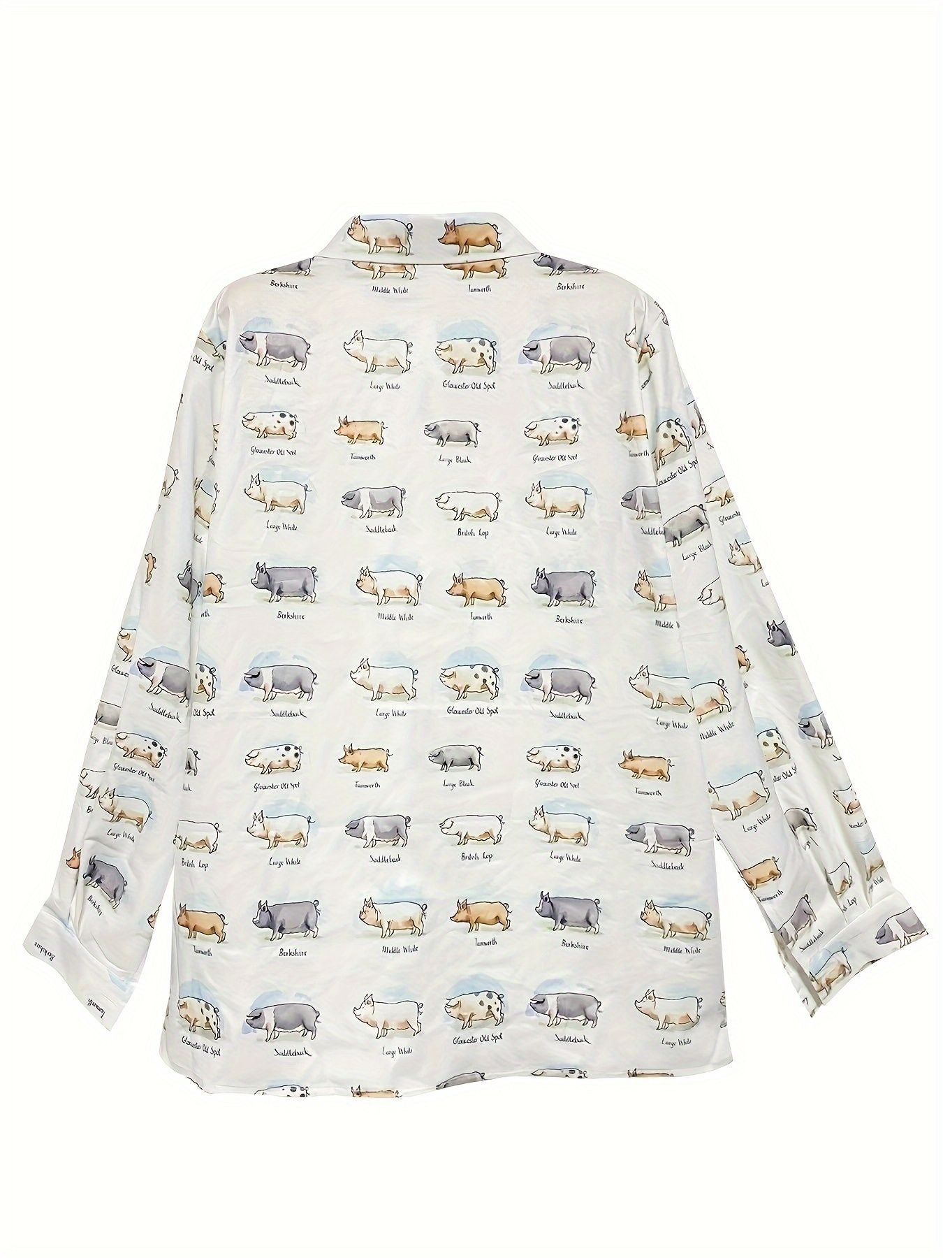 Plus Size Casual Blouse, Women's Plus Cute Pig & Letter Print Long Sleeve Button Up Lapel Collar Shirt Top