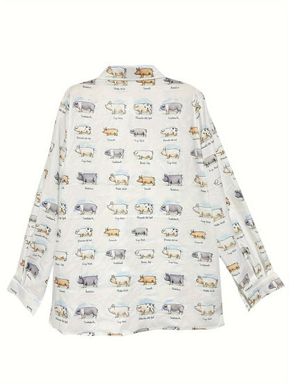 Plus Size Casual Blouse, Women's Plus Cute Pig & Letter Print Long Sleeve Button Up Lapel Collar Shirt Top