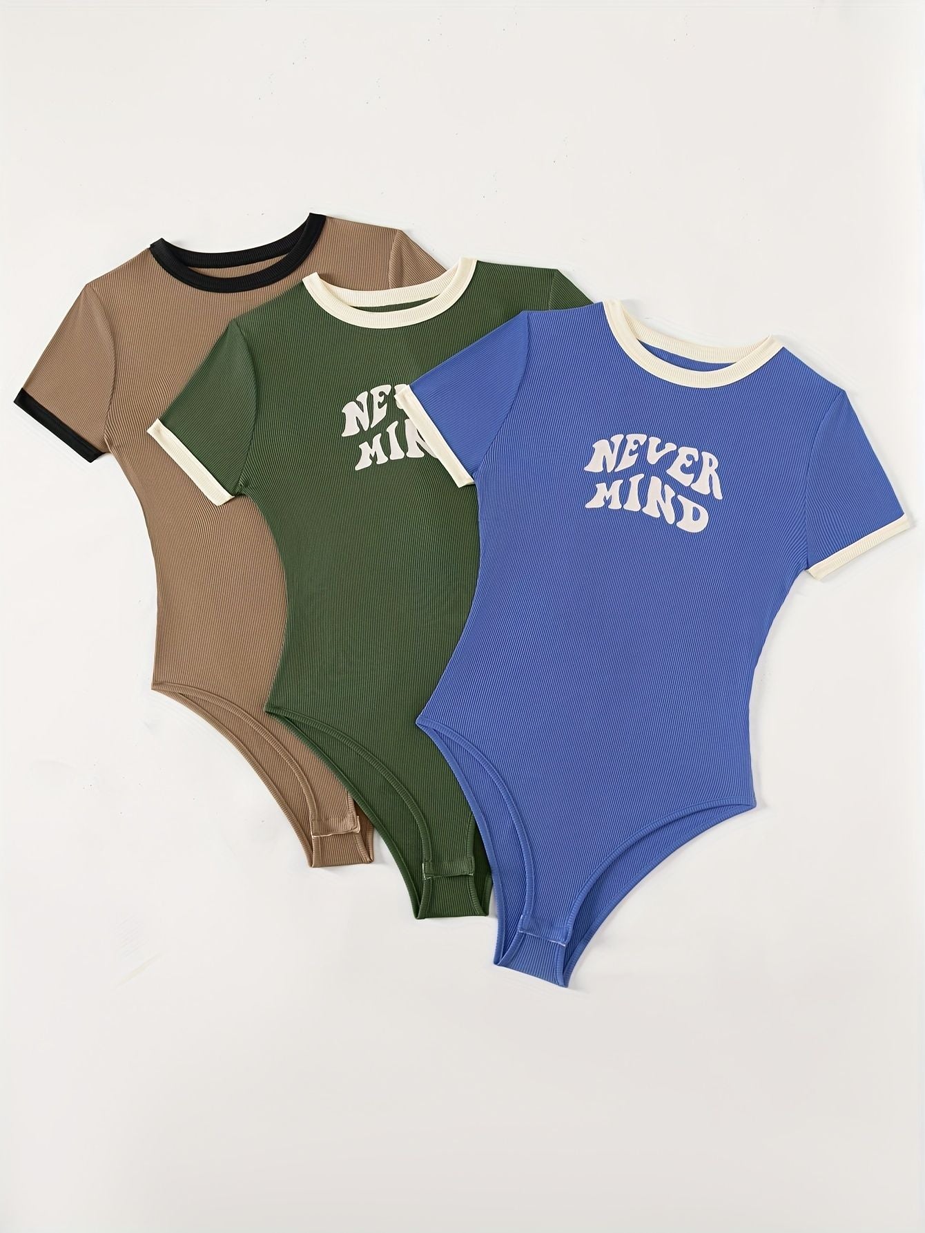 Letter Print Bodysuit 3 Pack, Casual Crew Neck Short Sleeve Bodysuit, Women's Clothing