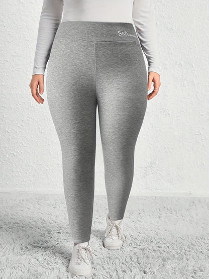 Plus Size Casual Leggings, Women's Plus Letter Print Liner Fleece High Rise Slight Stretch Leggings