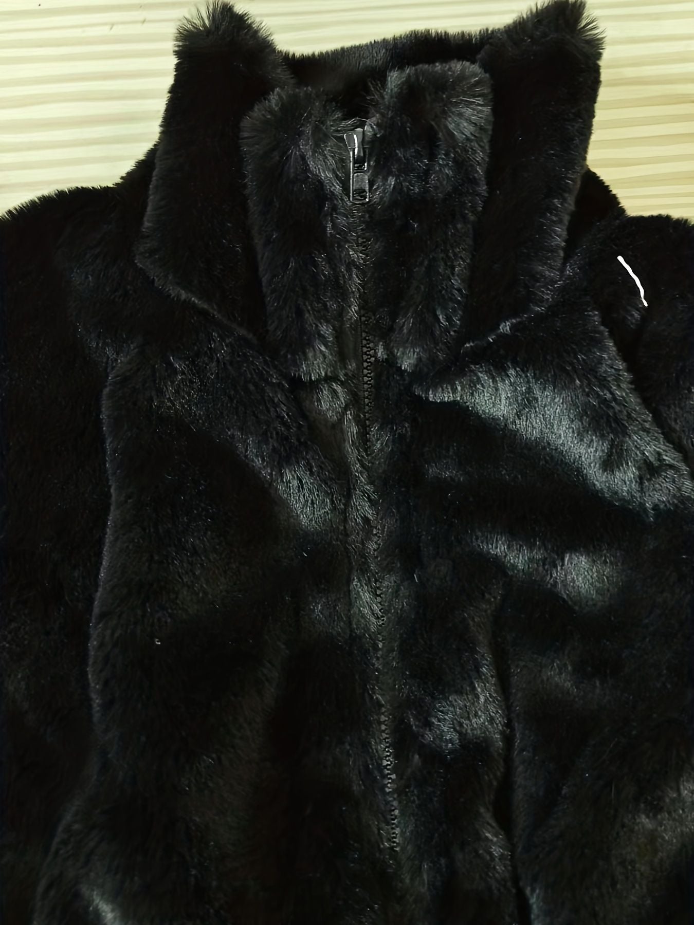 Solid Zip Up Fuzzy Coat, Casual Long Sleeve Lapel Outwear, Women's Clothing