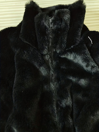 Solid Zip Up Fuzzy Coat, Casual Long Sleeve Lapel Outwear, Women's Clothing