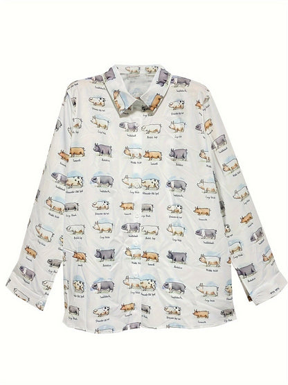 Plus Size Casual Blouse, Women's Plus Cute Pig & Letter Print Long Sleeve Button Up Lapel Collar Shirt Top