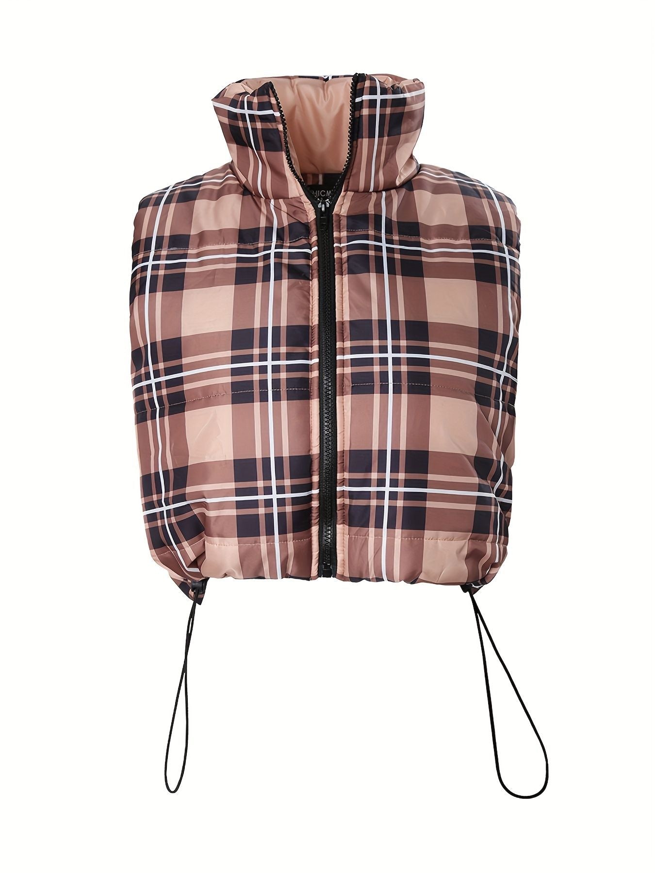 Plaid Print Drawstring Vest Coat, Casual Zip Up Sleeveless Outerwear, Women's Clothing