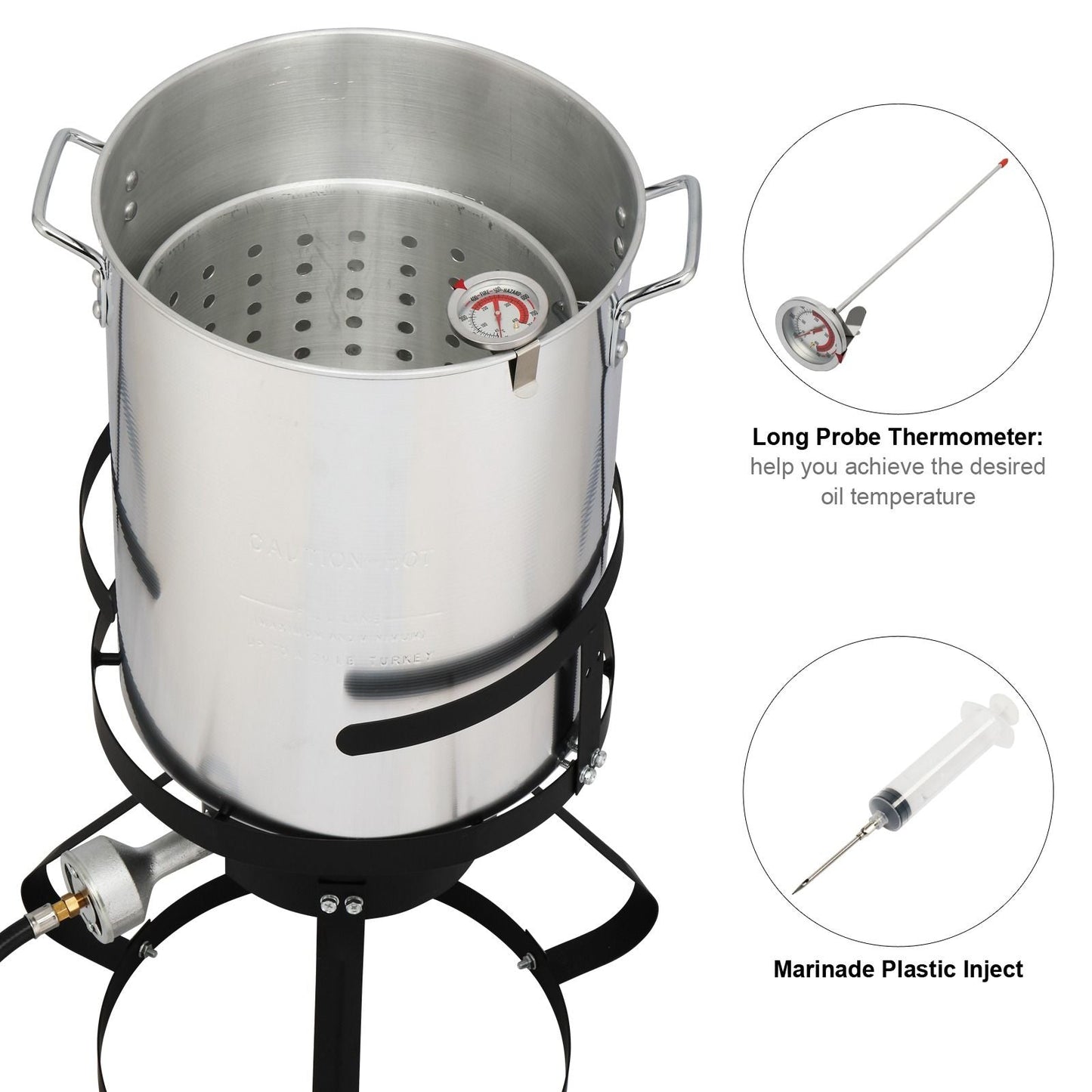 30QT Propane Turkey Fryer Set Silver Aluminum Pot with Black Round Iron Stand Outdoor Gas Deep Fryer Kit for Frying Turkey Seafood and Boiling Crawfish Backyard Cooking Equipment