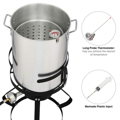 30QT Propane Turkey Fryer Set Silver Aluminum Pot with Black Round Iron Stand Outdoor Gas Deep Fryer Kit for Frying Turkey Seafood and Boiling Crawfish Backyard Cooking Equipment