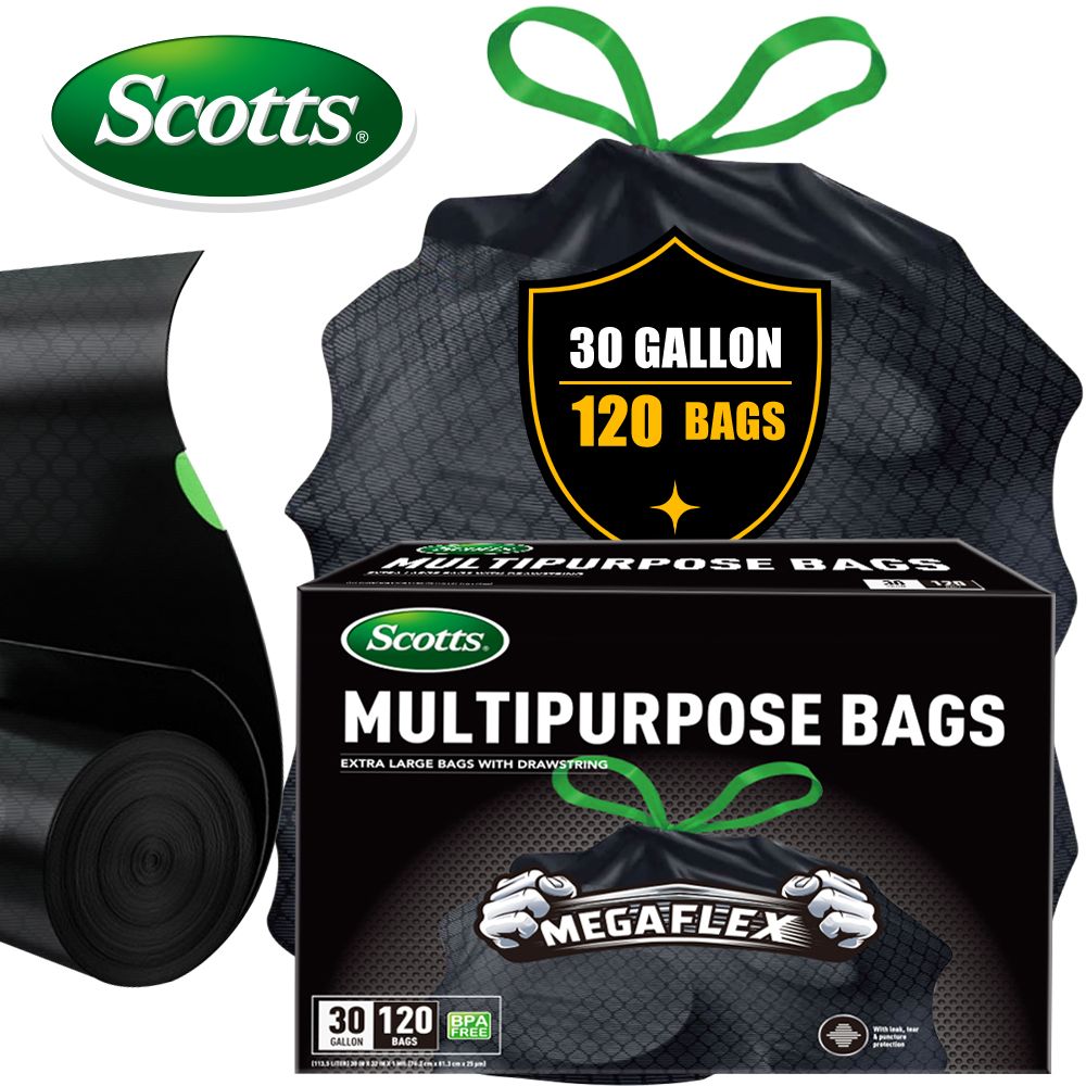 Scotts 120 Bags 30 Gallon Box Disposable Non-Rip Black Large Drawstring Garbage Bags, Suitable for Large Kitchen Garbage Cans, Super Strong 113.5L , Garden, Home, Commercial Multi-purpose Trash Bag