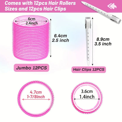 24pcs Jumbo Hair Curlers with Self-Grip Clips for Long, Medium, Short, Thick, and Thin Hair - Perfect for Bangs, Volume, and DIY Hair Dressing