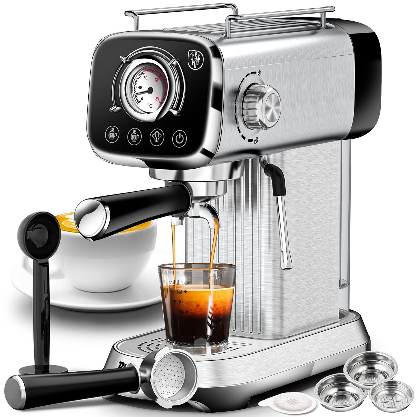 PlumChef Espresso Machine 20 Bar Professional Compact Household Coffee Espresso Maker with Milk Frother Steam Wand Temperature Gauge 34oz Water Tank Low Noise Coffee Machine for Latte Cappuccino