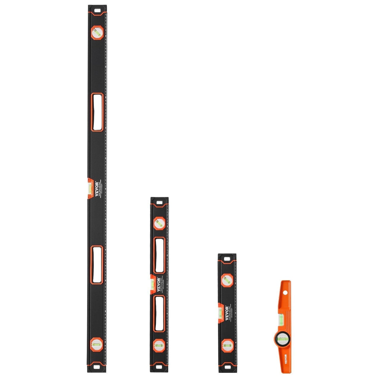 VEVOR 4-Piece Torpedo Level, 48/24/16/10 Inch Box Levels Set, Fluorescent Light Up Bubble Vials Ruler for 45/90/180 Degree, Aluminum Alloy Magnetic Leveler Tool, Shock-Proof