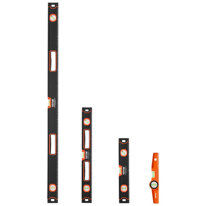 VEVOR 4-Piece Torpedo Level, 48/24/16/10 Inch Box Levels Set, Fluorescent Light Up Bubble Vials Ruler for 45/90/180 Degree, Aluminum Alloy Magnetic Leveler Tool, Shock-Proof