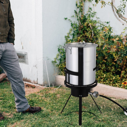 30QT Propane Turkey Fryer Set Silver Aluminum Pot with Black Round Iron Stand Outdoor Gas Deep Fryer Kit for Frying Turkey Seafood and Boiling Crawfish Backyard Cooking Equipment