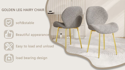 Modern minimalist white teddy velvet Dining Chairs Set of 2 with sturdy gold metal legs and comfortable backrest design, suitable for restaurants, kitchens, and offices.