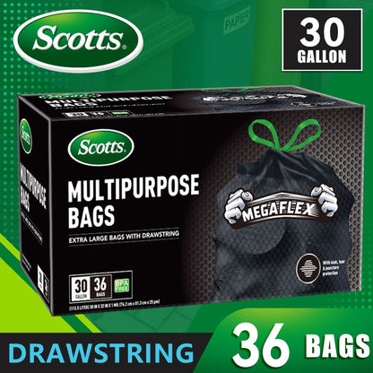 Scotts 36 Bags 30 Gallon Box Disposable Non-Rip Black Large Drawstring Garbage Bags, Suitable for Large Kitchen Garbage Cans, Super Strong 113.5L, Home, Commercial Multi-purpose Trash Bag - Durable,