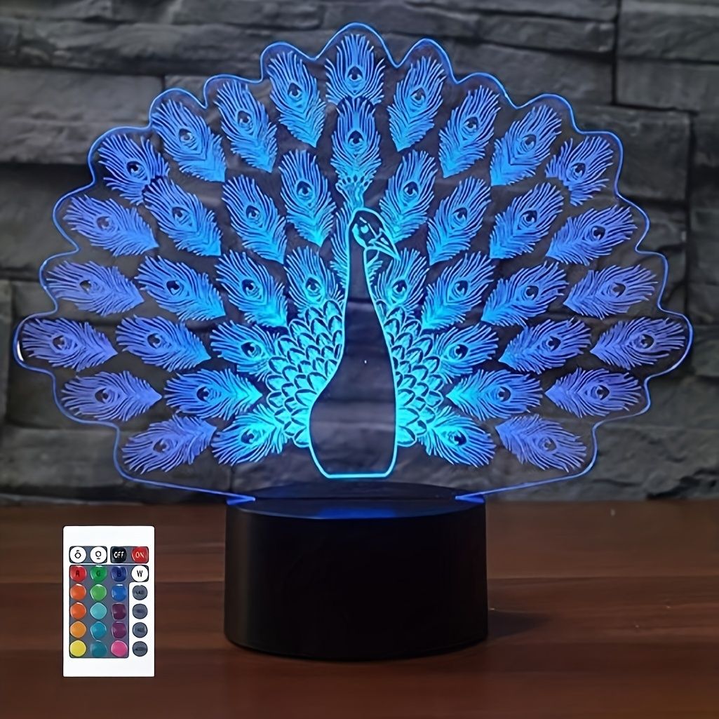 1pc Peacock 3D Illusion Lamps Nightlight With Remote Control, 16 Colors Touch Switch Table Desk Lamps Holiday Xmas Birthday Toys Gifts For Baby Nursery Toddler