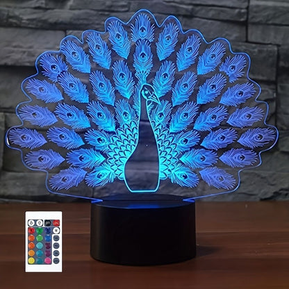 1pc Peacock 3D Illusion Lamps Nightlight With Remote Control, 16 Colors Touch Switch Table Desk Lamps Holiday Xmas Birthday Toys Gifts For Baby Nursery Toddler