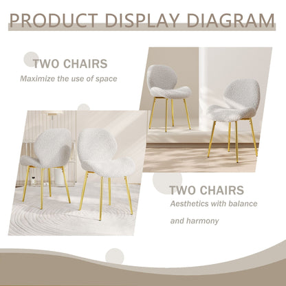 Modern minimalist white teddy velvet Dining Chairs Set of 2 with sturdy gold metal legs and comfortable backrest design, suitable for restaurants, kitchens, and offices.