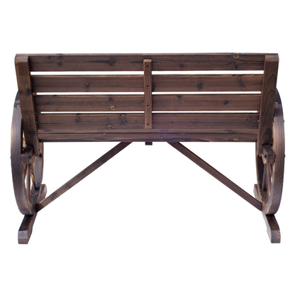 Outsunny Wagon Wheel Bench Rustic 2-Person Outdoor Patio Carbonized Finish with Backrest