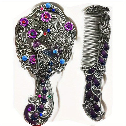Vintage Handheld Mirror & Antique Comb Set - Perfect Princess Gift for Women & Girls - Portable Makeup Mirror with Decorative Beads (Random Color)
