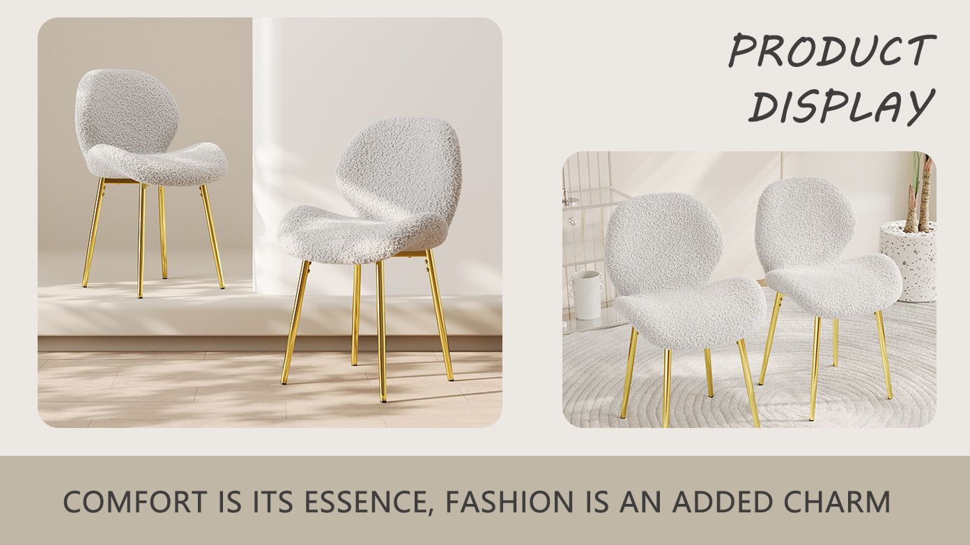 Modern minimalist white teddy velvet Dining Chairs Set of 2 with sturdy gold metal legs and comfortable backrest design, suitable for restaurants, kitchens, and offices.