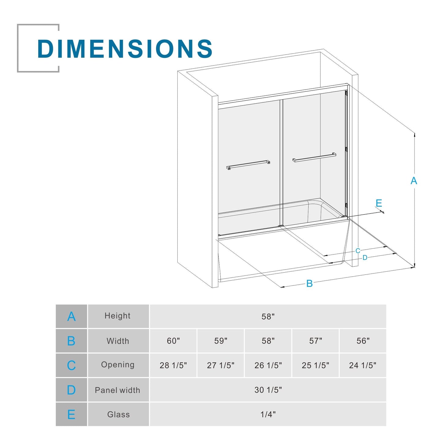Double Sliding Bathtub Shower Door 60 in. W x 58 in. H Aluminum Framed Shower Enclosure for Tub with SGCC Clear Tempered Glass, Stainless Steel Hardware, Matte Black