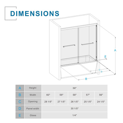 Double Sliding Bathtub Shower Door 60 in. W x 58 in. H Aluminum Framed Shower Enclosure for Tub with SGCC Clear Tempered Glass, Stainless Steel Hardware, Matte Black
