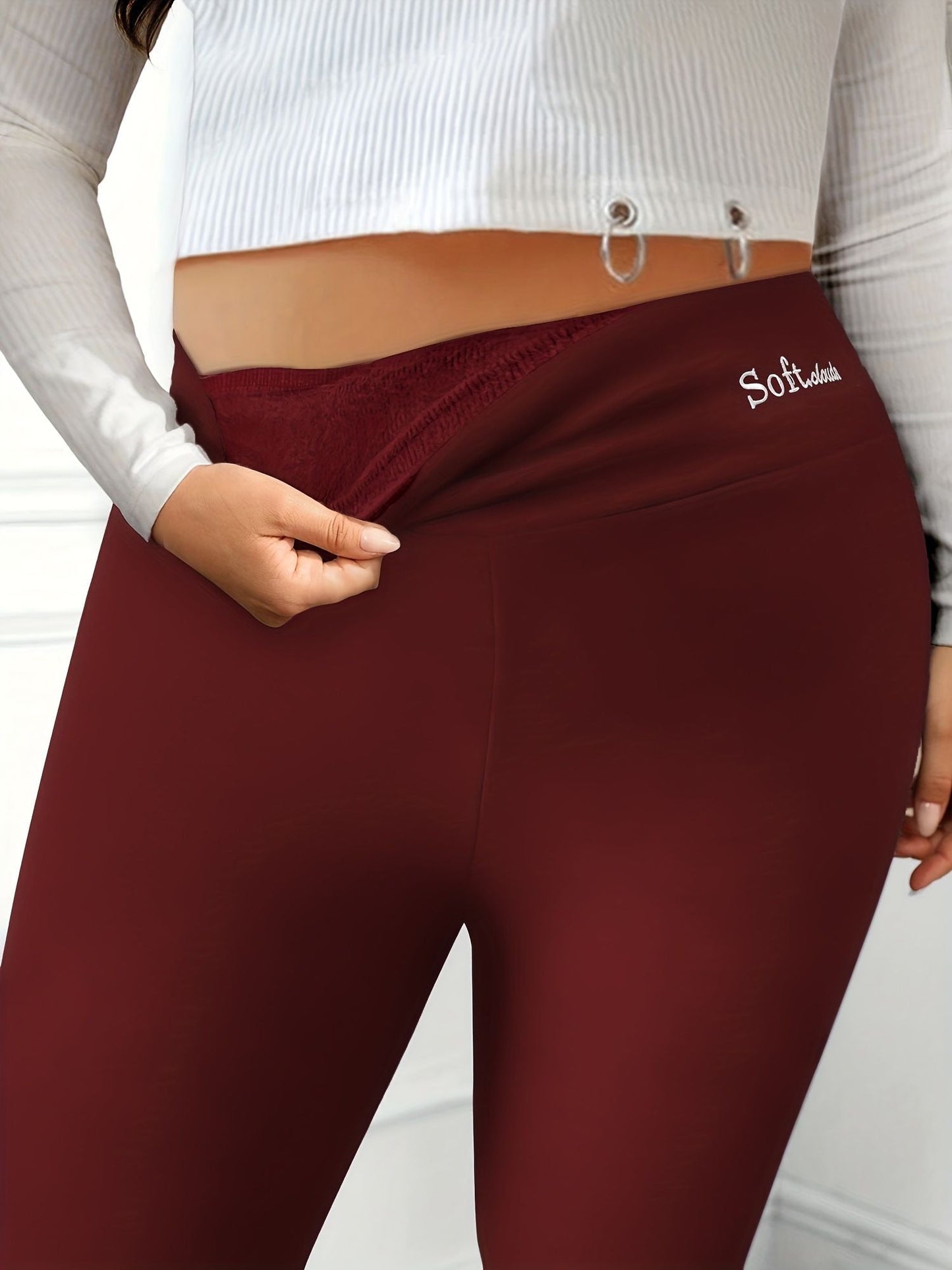 Plus Size Casual Leggings, Women's Plus Letter Print Liner Fleece High Rise Slight Stretch Leggings