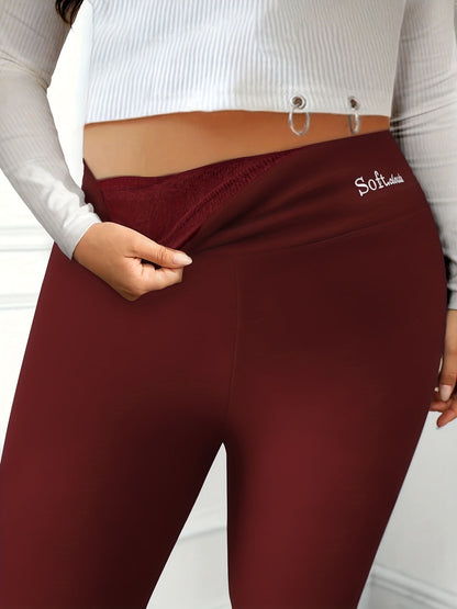 Plus Size Casual Leggings, Women's Plus Letter Print Liner Fleece High Rise Slight Stretch Leggings