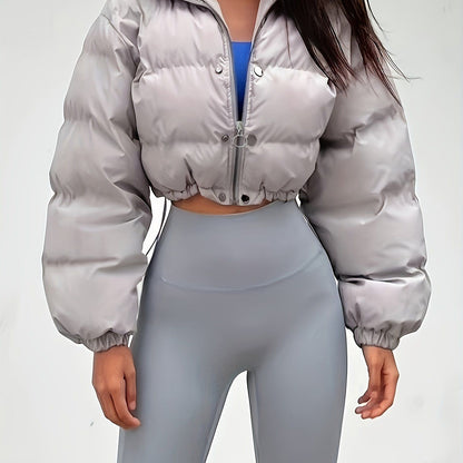 Solid Full Zipper Crop Coat, Warm Stand Collar Lightweight Coat, Outerwear For Fall & Winter, Women's Clothing