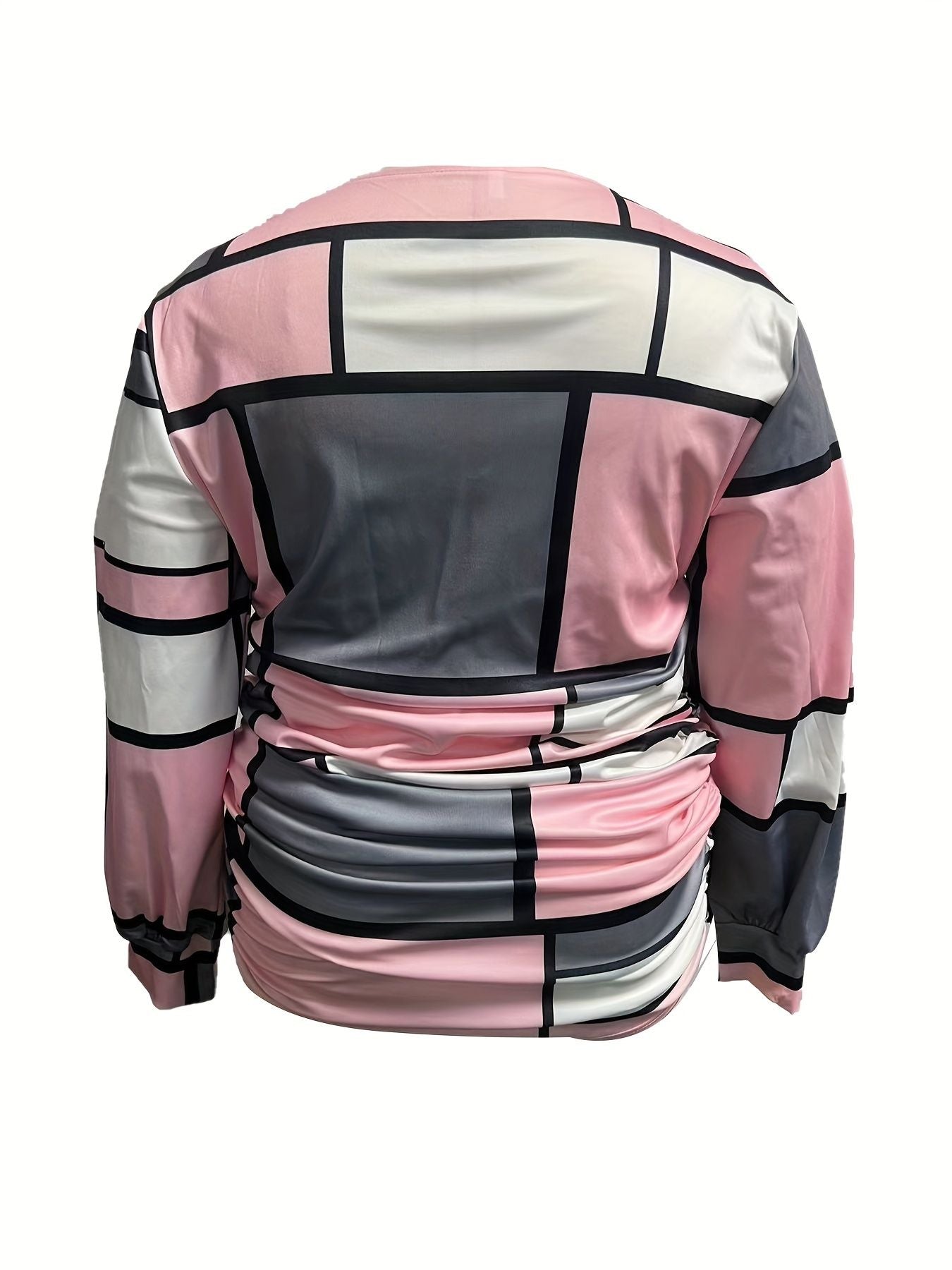 Plus Size elegant Blouse, Women's Plus Colorblock Geometric Print Lantern Sleeve V Neck Ruched Side Top