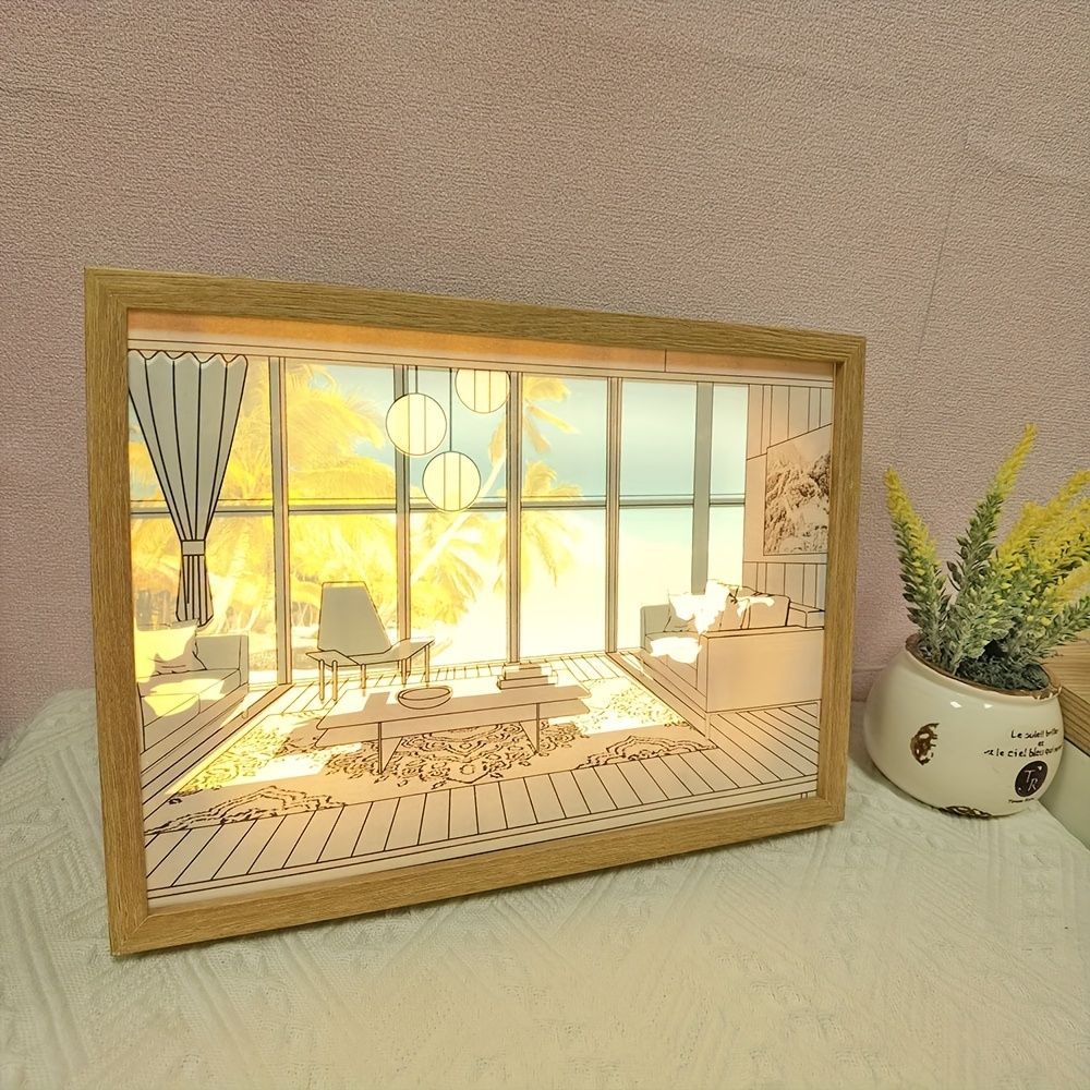 1pc Dimming 3-color Beach Sun Painting Lamp,Sketch Light. Healing Light, Bedside Bedroom Sleeping Lamp, Romantic Birthday Gift,Bedside Table Lamp