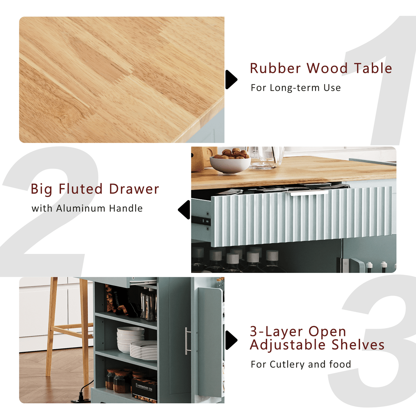 Fluted Kitchen Island with Trash Can Storage Cabinet, Power Outlet, Internal Storage Rack, Rolling Kitchen Islands on 5 Wheels with 3 Drawer, 3 Open Side Racks for 10 Gallon Garbage Bin