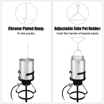 30QT Propane Turkey Fryer Set Silver Aluminum Pot with Black Round Iron Stand Outdoor Gas Deep Fryer Kit for Frying Turkey Seafood and Boiling Crawfish Backyard Cooking Equipment