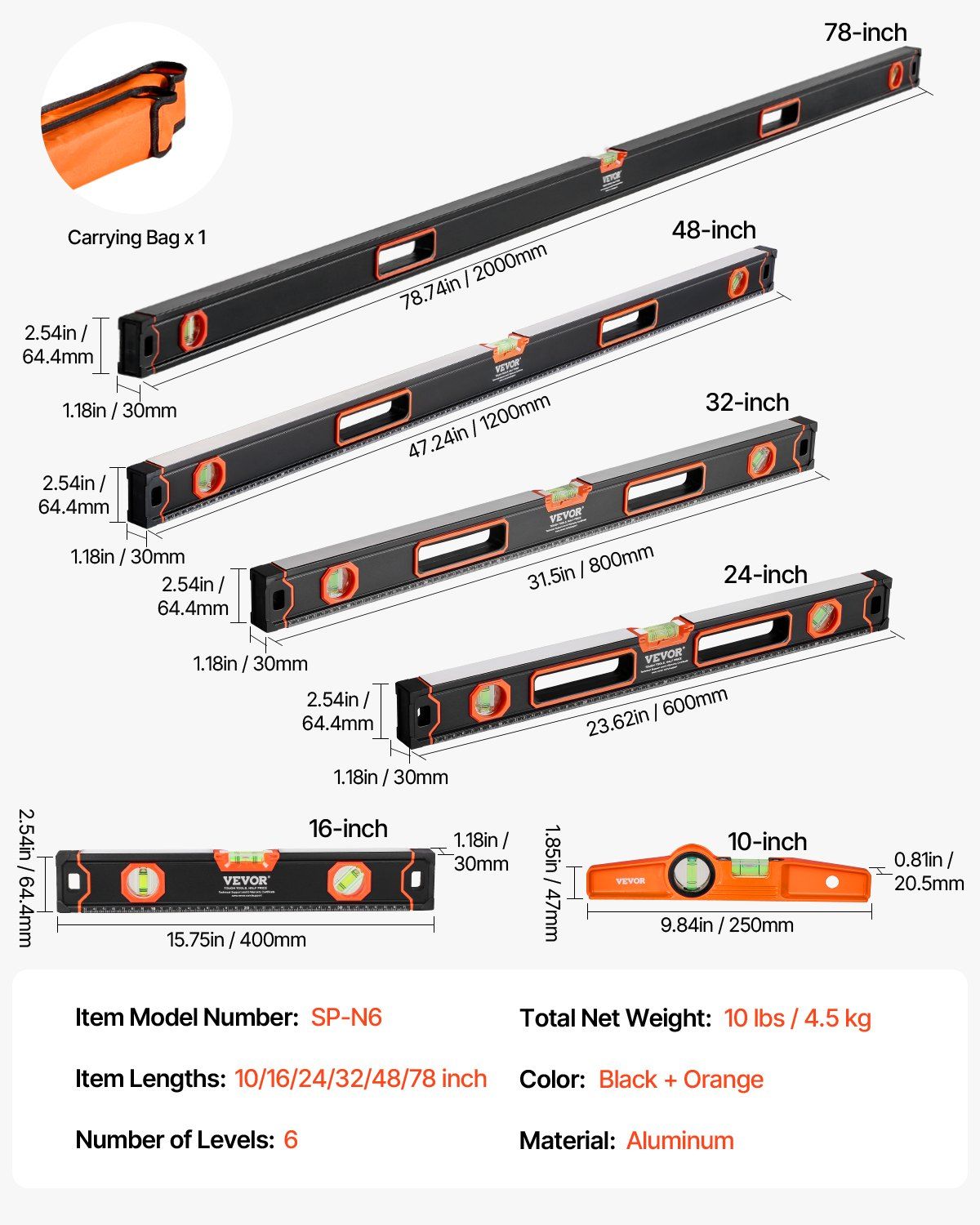 VEVOR 6-Piece Torpedo Level, 78/48/32/24/16/10 Inch Box Levels Set, Bubble Vials Ruler for 45/90/180 Degree, Shock-Proof Aluminum Alloy Magnetic Leveler Tool, SAE/Metric Scale