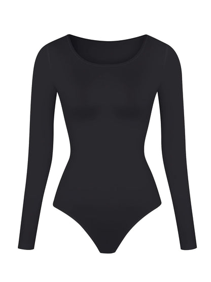 Sexy Basic Slim Bodysuit, Solid Round Neck Long Sleeve Waist Bodycon One Piece Bodysuit, Women's Clothing