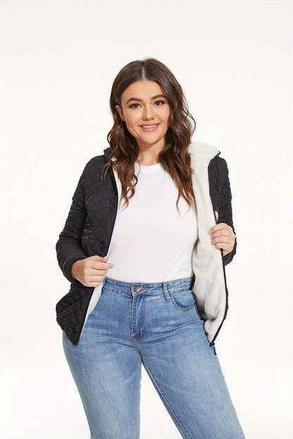 Slant Pockets Thermal Hooded Jacket, Casual Solid Long Sleeve Jacket For Fall & Winter, Women's Clothing