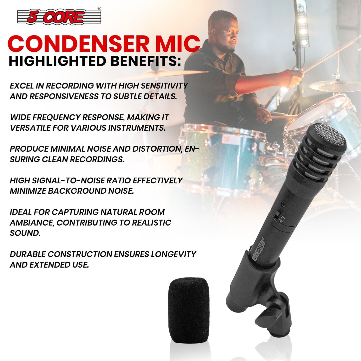 5 CORE Professional Instrument Microphone Pencil Mic Condenser Cardioid Unidirectional Stick Microfono with Windscreen Mic Clip & Case - INSTRU MIC 100 BLK